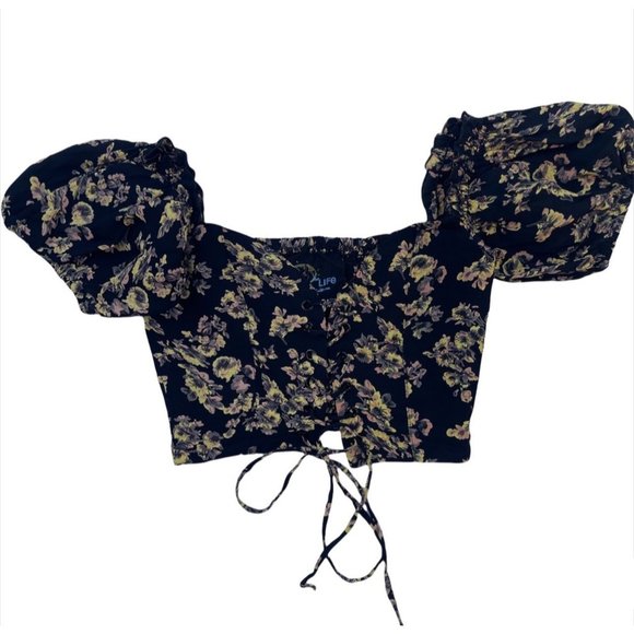 Blue Life Tops - Blue Life Floral Lace Up Crop Top Black XS